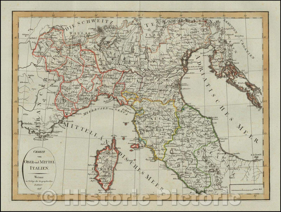 Historic Map - Charte von Ober und Mittel Italien/Map of Northern Italy and Corsica, Weimar in 1806, 1806, Weimar Geographische Institut - Vintage Wall Art