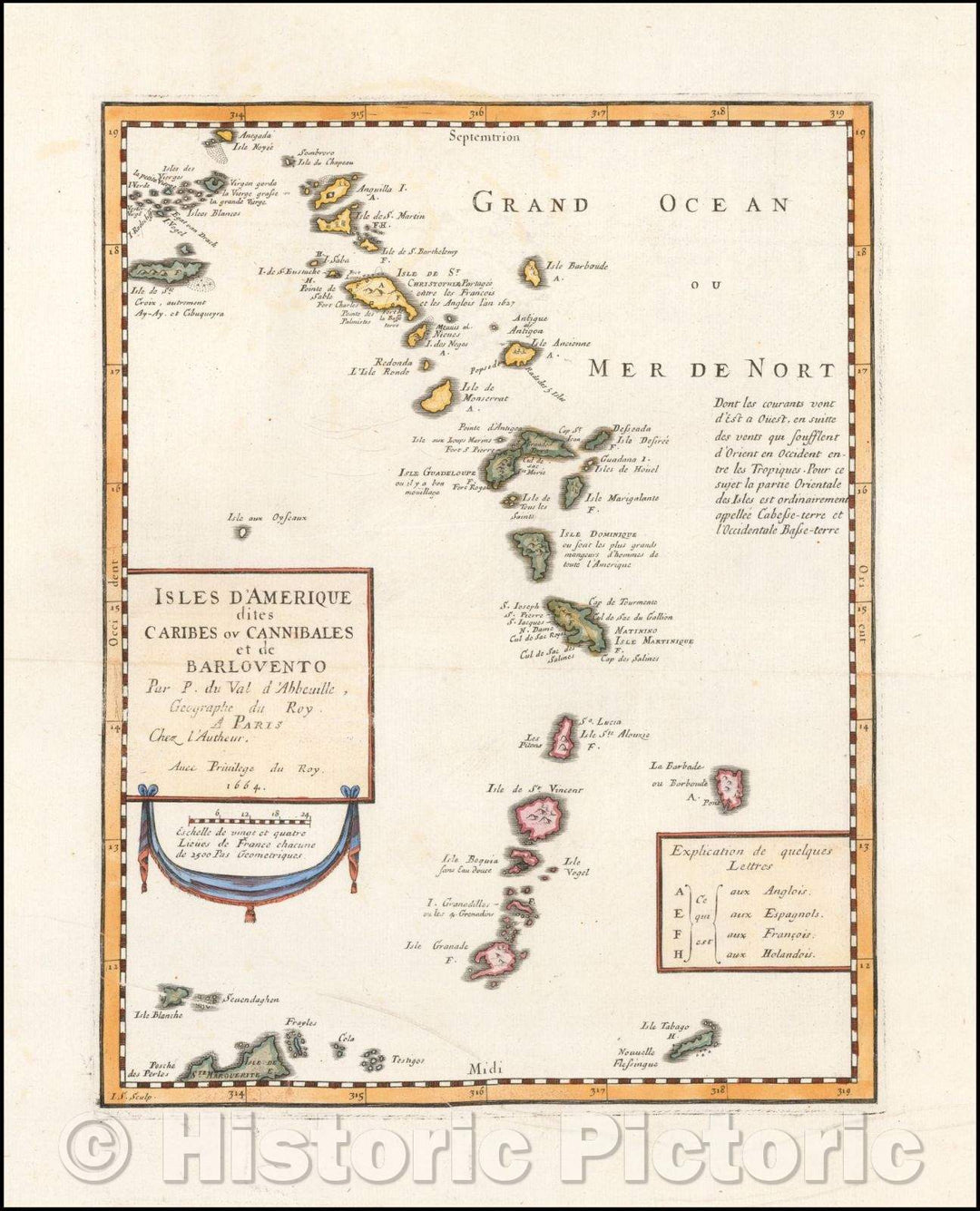 Historic Map - Isles d'Amerique dites Caribes ou Cannibales et de Barlovento/Pierre Du Val's Map of the Virgin Islanda and the Windward Islands, 1664 - Vintage Wall Art