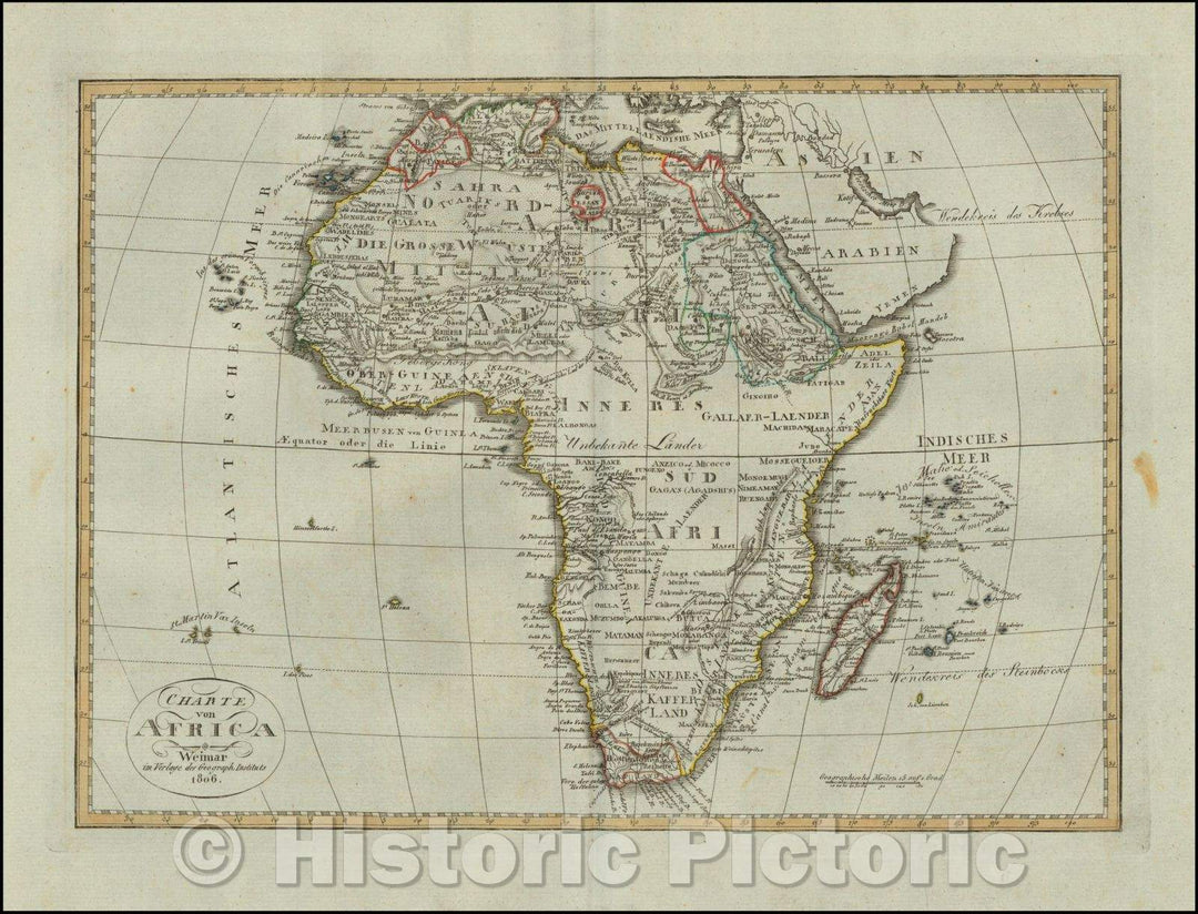 Historic Map - Charte von Africa/Map of Africa, published in Weimar in 1806, 1806, Weimar Geographische Institut - Vintage Wall Art