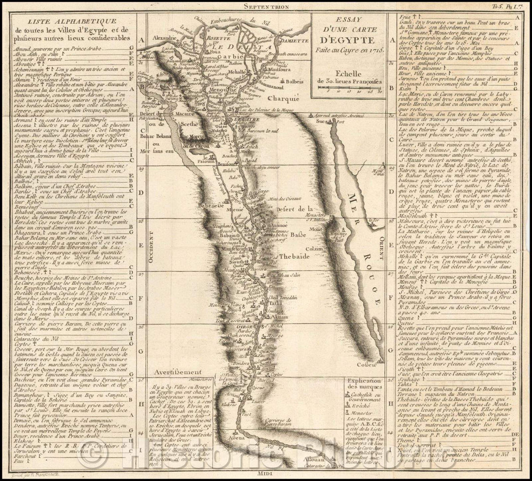 Historic Map - Essay D'Une Carte D'Egypte Faite au Cayre en 1715 / Map of a portion of Egypt, focused on the course of the Nile River, 1760 - Vintage Wall Art