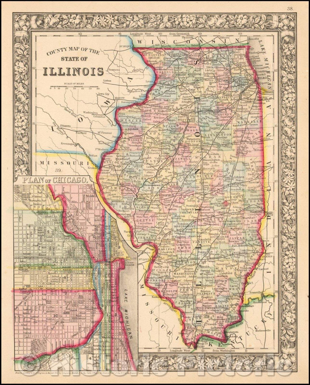 Historic Map - County Map of the State of Illinois, 1865, Samuel Augustus Mitchell Jr. - Vintage Wall Art