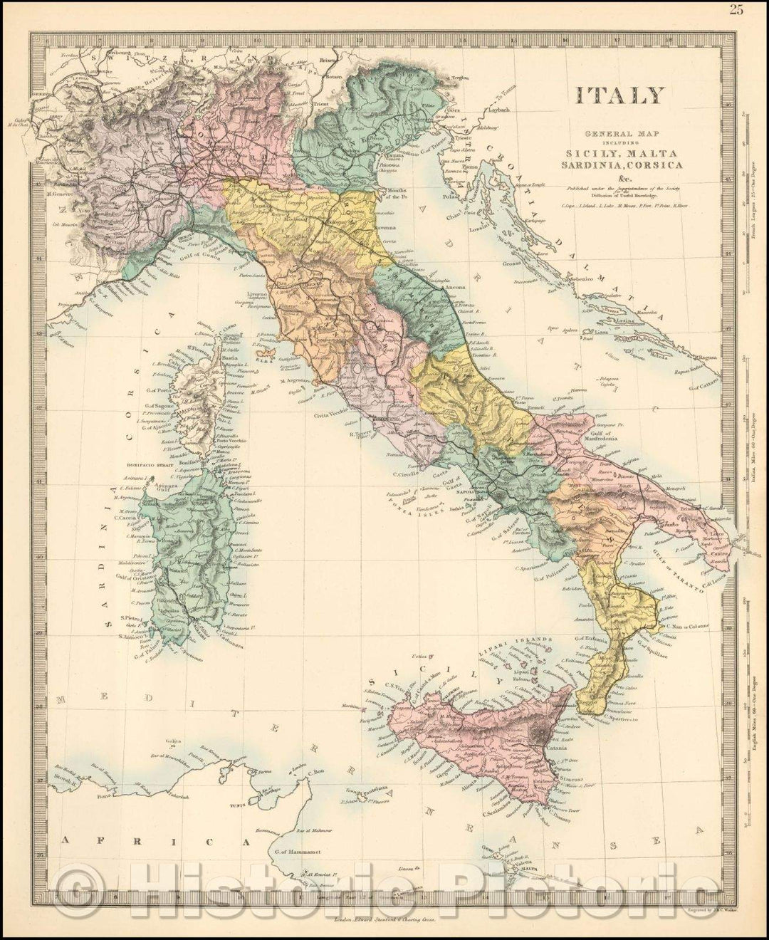 Historic Map - Italy/General Map Including Sicily, Malta, Sardinia, Corsica, 1860, SDUK - Vintage Wall Art