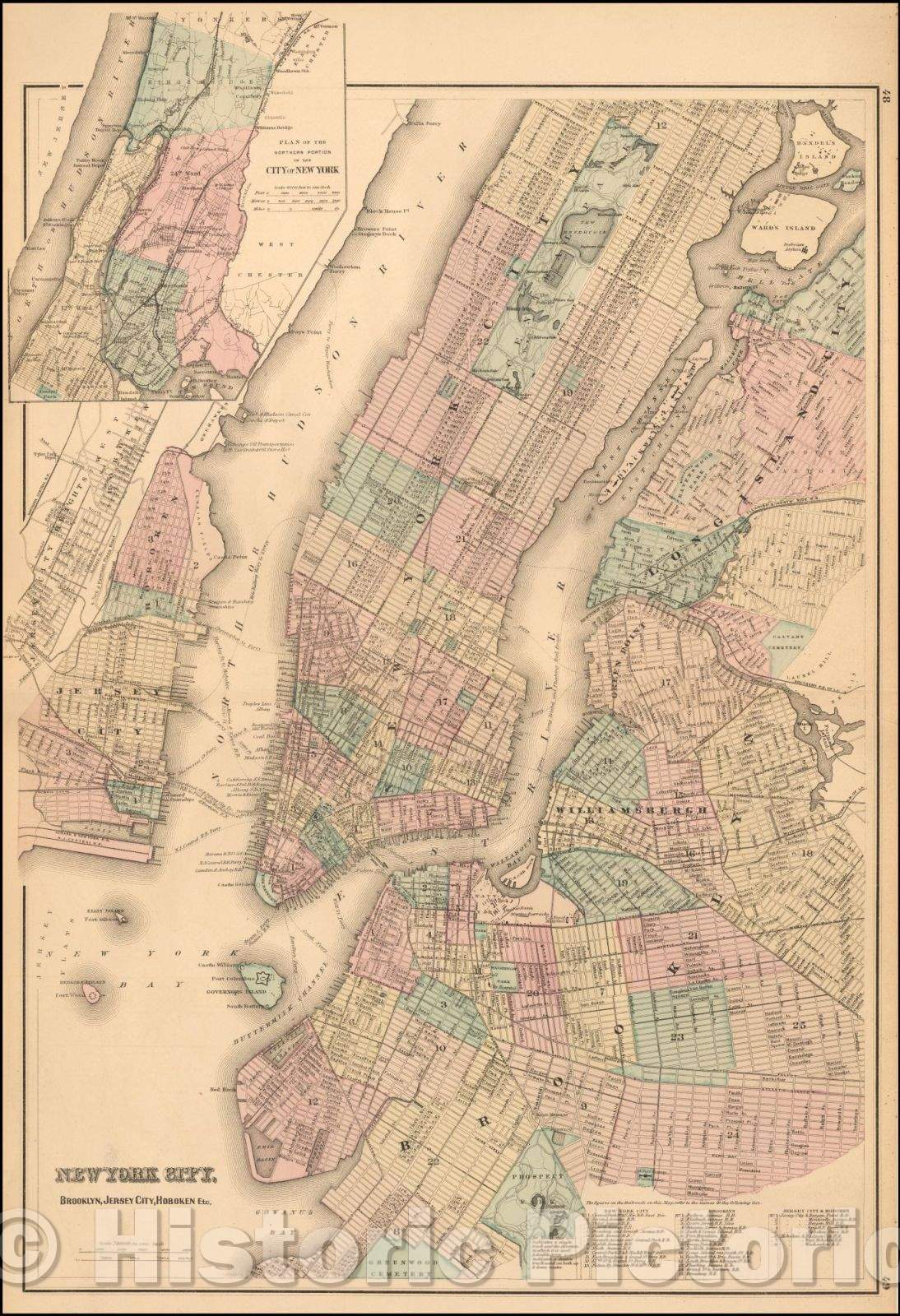 Historic Map - New York City, Brooklyn, Jersey City, Hoboken, etc, 1873, OW Gray - Vintage Wall Art