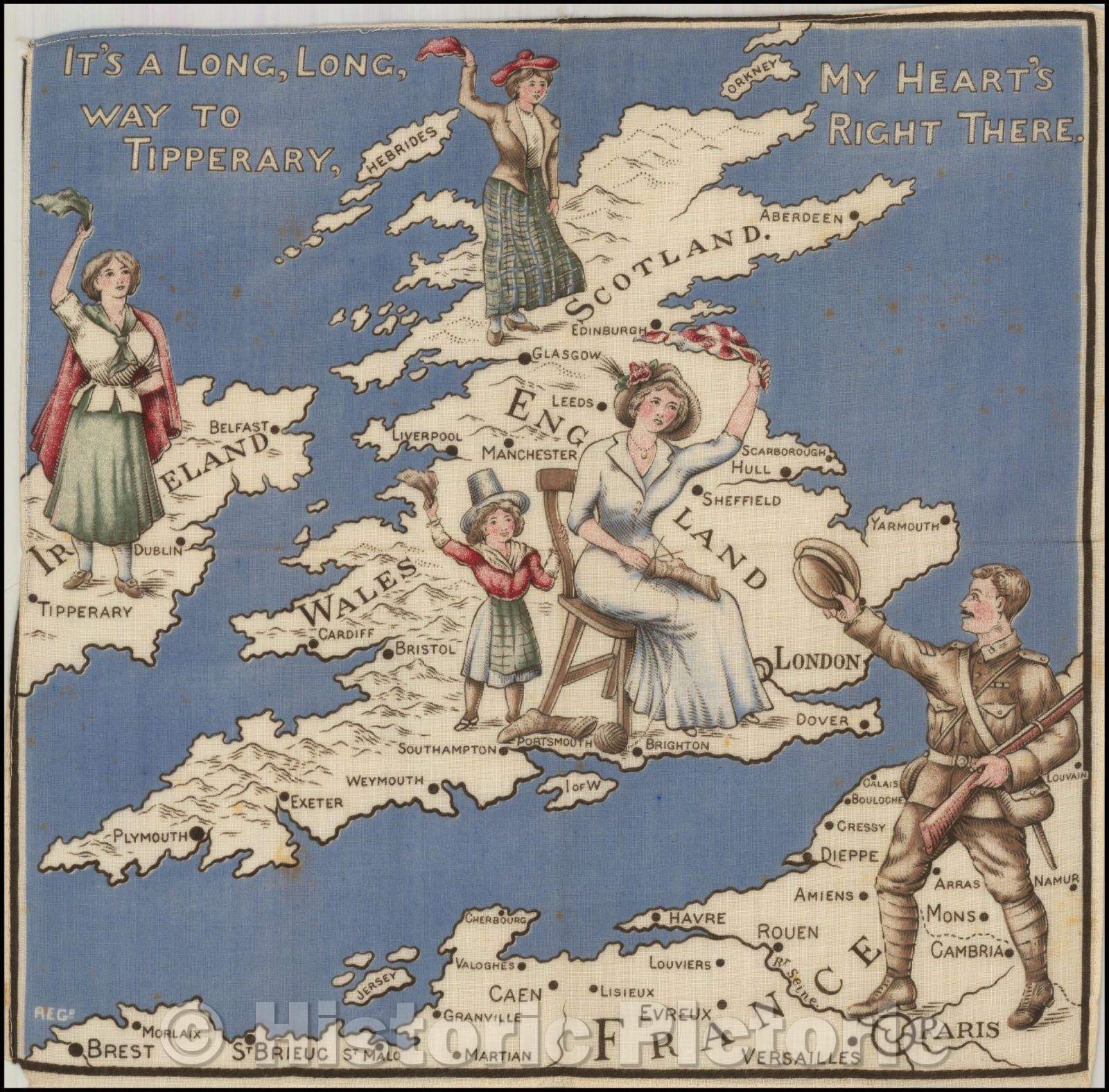 Historic Map - British Isles Map on Linen, It's A Long, Long way to Tipperary, My Heart's Right There, 1914, - Vintage Wall Art