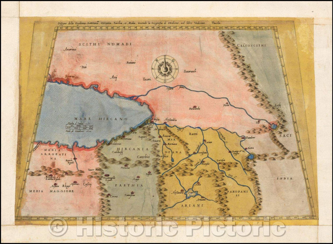 Historic Map - Disegno della Sogdiana, Battriana, Hircania, Parthia, et Media/Gastaldi-Strabo Map of Persia, etc, 1561, Giacomo Gastaldi - Vintage Wall Art