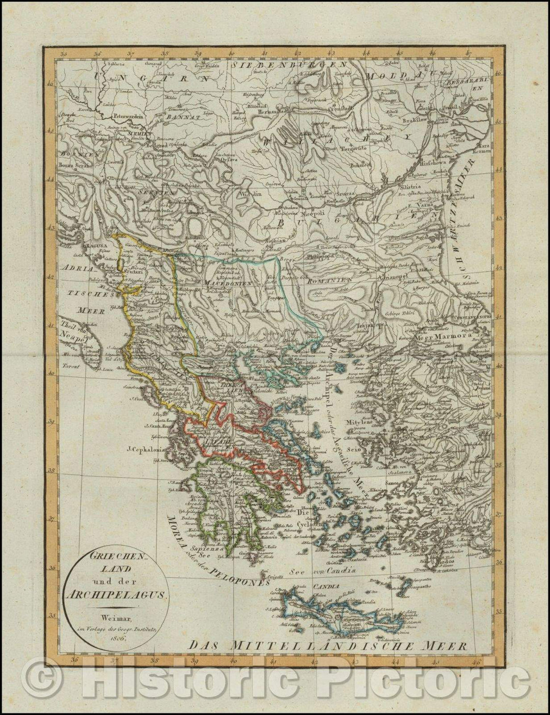 Historic Map - Griechenland und der Archipelagus/Map of Greece, published in Weimar in 1806, 1806, Weimar Geographische Institut - Vintage Wall Art