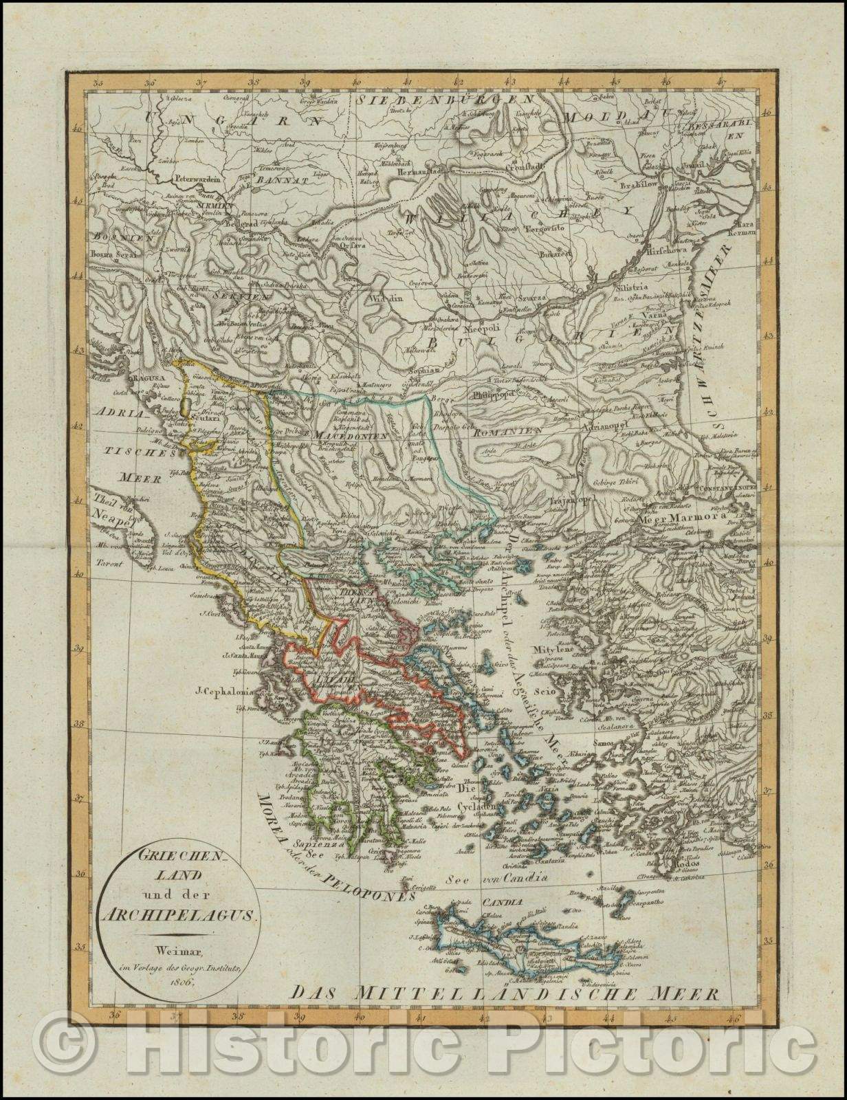 Historic Map - Griechenland und der Archipelagus/Map of Greece, published in Weimar in 1806, 1806, Weimar Geographische Institut - Vintage Wall Art