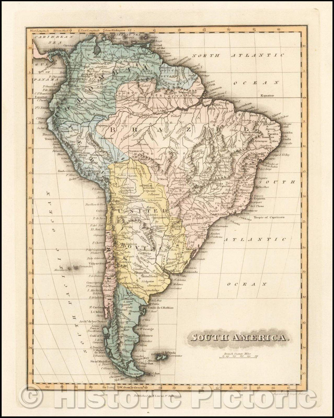 Historic Map - South America, 1822, - Vintage Wall Art