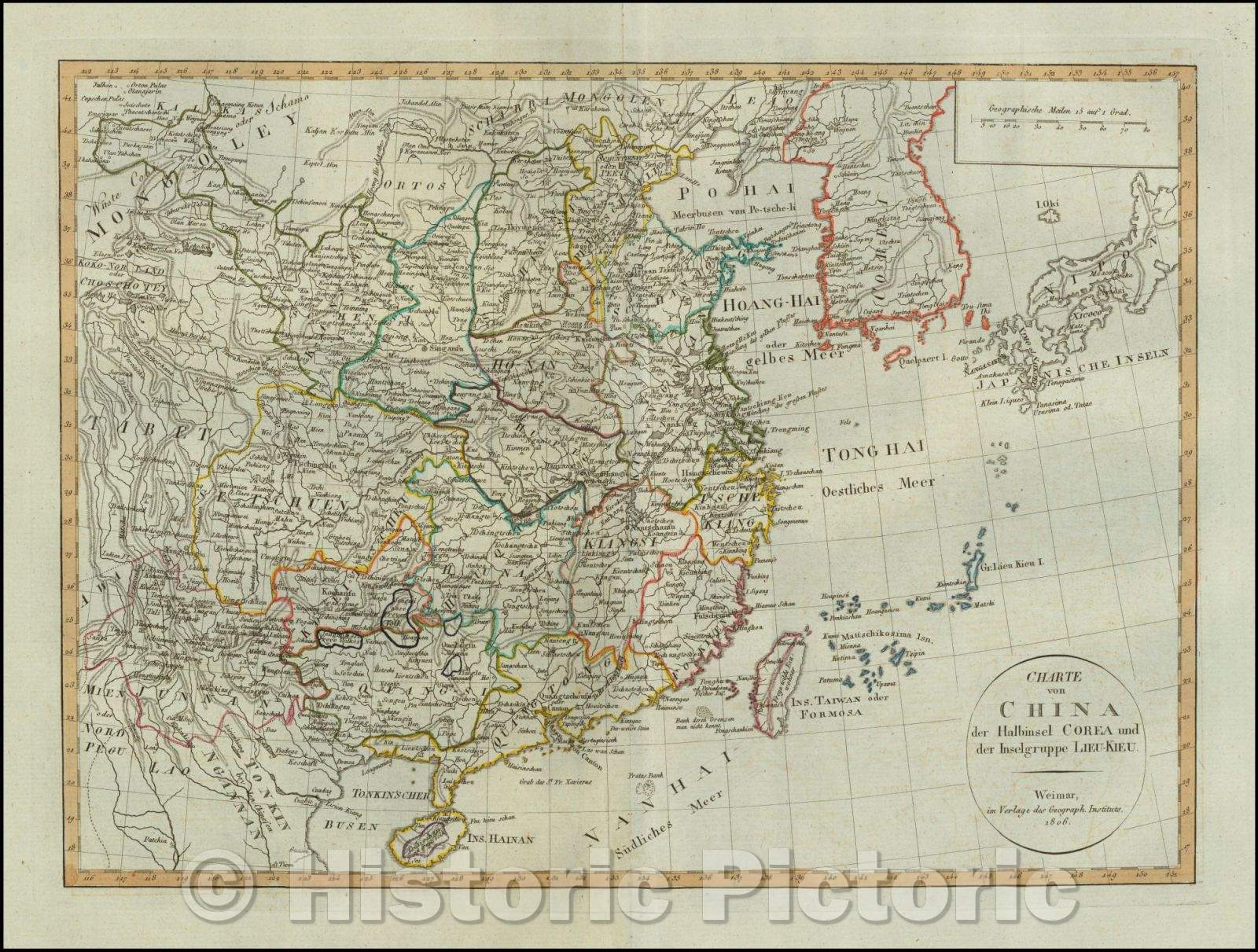 Historic Map - Charte von China der Halbinsel Corea und der Inselgrupper Lieu-Kieu/Map of China and Korea, 1806, Weimar Geographische Institut - Vintage Wall Art