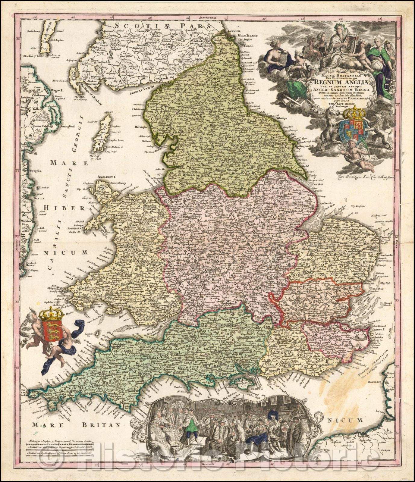 Historic Map - Magnae Britanniae Pars Meridionalis in qua Regnum Anglia tam in Septum Antiqua/Map of England, two coats of arms, vignette, 1720 - Vintage Wall Art