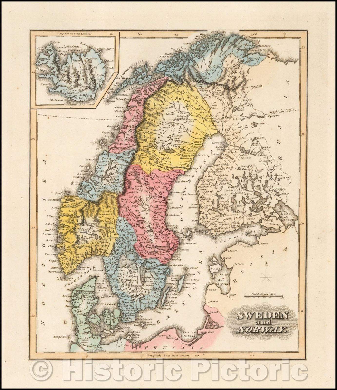 Historic Map - Sweden and Norway (Iceland inset), 1823, Fielding Lucas Jr. v1