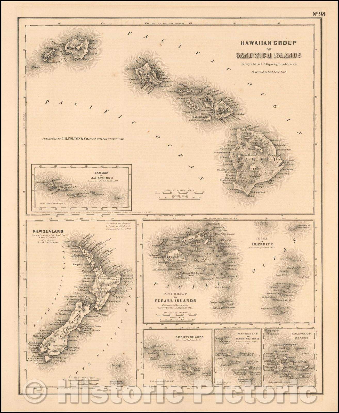 Historic Map - Hawaiian Group or Sandwich Islands [with] New Zealand [and] Feejee Group, Society Island, Marquesas and Galapagos Islands, 1857 v2