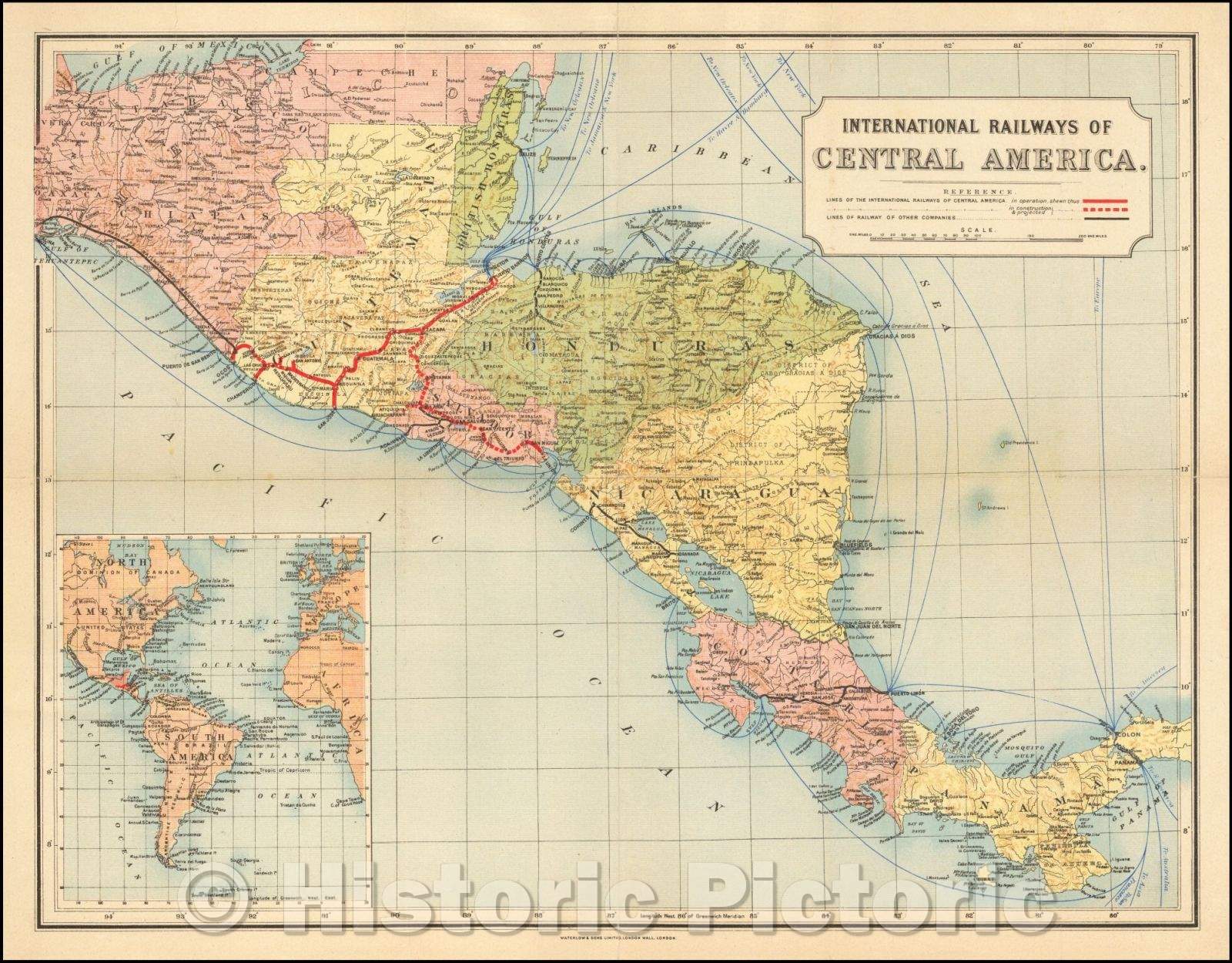 Historic Map - International Railways of Central America, 1912, Waterlow & Sons - Vintage Wall Art