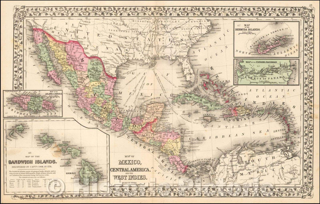 Historic Map - Map of Mexico, Central America, and the West Indies [Insets of Bermuda, Sandwich Islands, Jamaica and Panama Railroad], 1872 - Vintage Wall Art