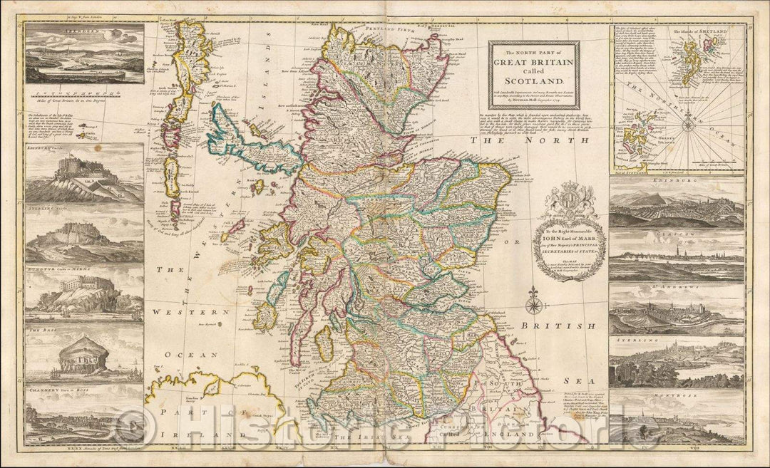 Historic Map - The North Part of Great Britain Called Scotland with Considerable Improvements and many Remarks not Extant in any Map, 1714, Herman Moll - Vintage Wall Art