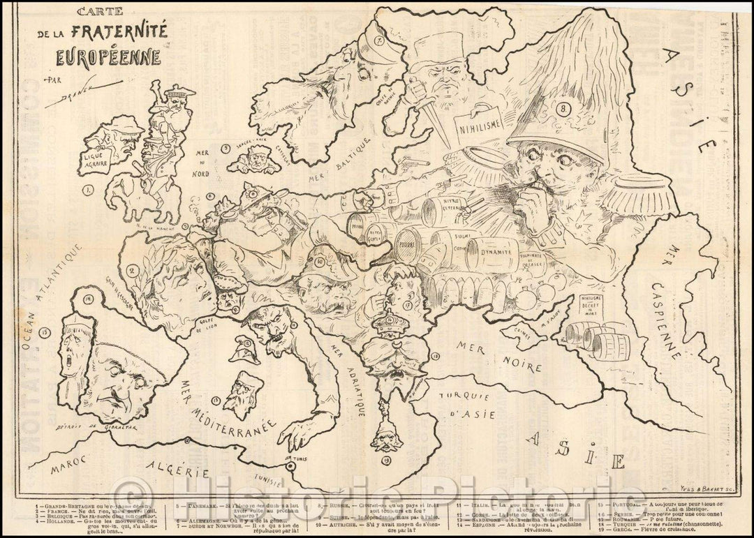 Historic Map - Carte de la Fraternite Europeenne/Map of Europe, which appeared in a French periodical, 1875, Yves & Barret - Vintage Wall Art