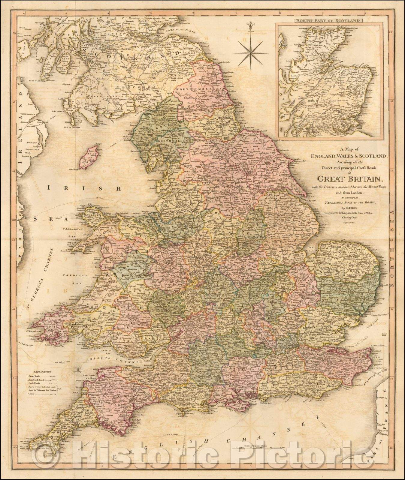 Historic Map - A Map of England, Wales & Scotland describing all the Direct and principal Cross Roads in Great Britain, 1801, William Faden - Vintage Wall Art