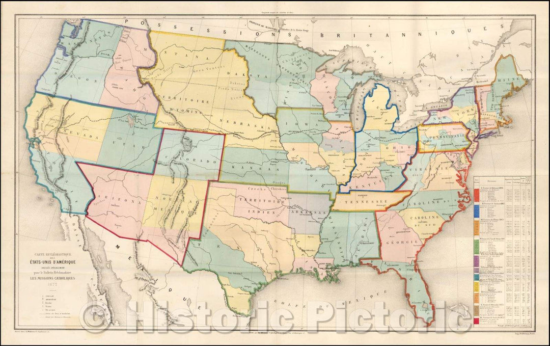 Historic Map - Carte Ecclesiastique Des Etats-Unis D'Amerique Dressee Specialement pour le Bulletin Hebdomadaire Les Missions Catholiques, 1877, Dufrenoy - Vintage Wall Art