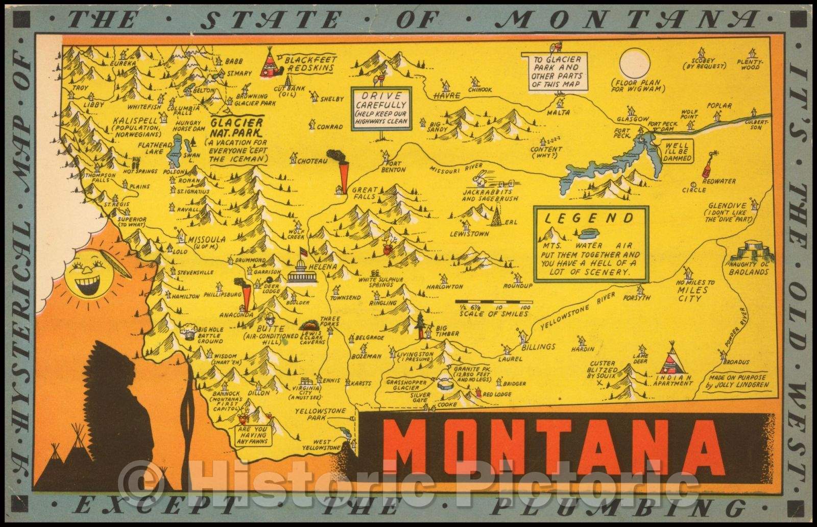 Historic Map - A Hysterical Map Of The State of Montana. Its The Old West Except The Plumbing, 1948, Lindgren Brothers - Vintage Wall Art