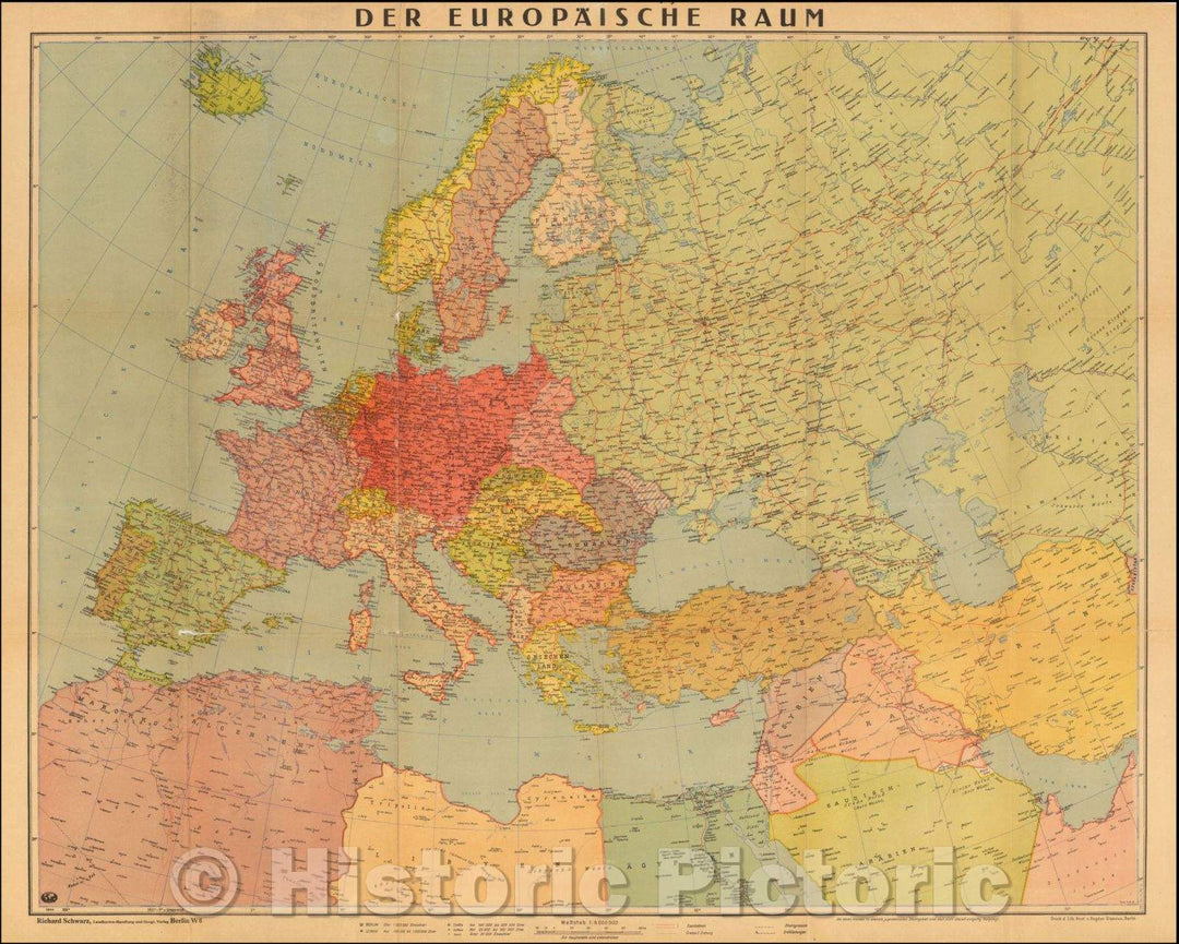 Historic Map - Der Europaische Raum. / Map of Europe, showing the German territorial expansion, 1942, Richard Schwarz - Vintage Wall Art