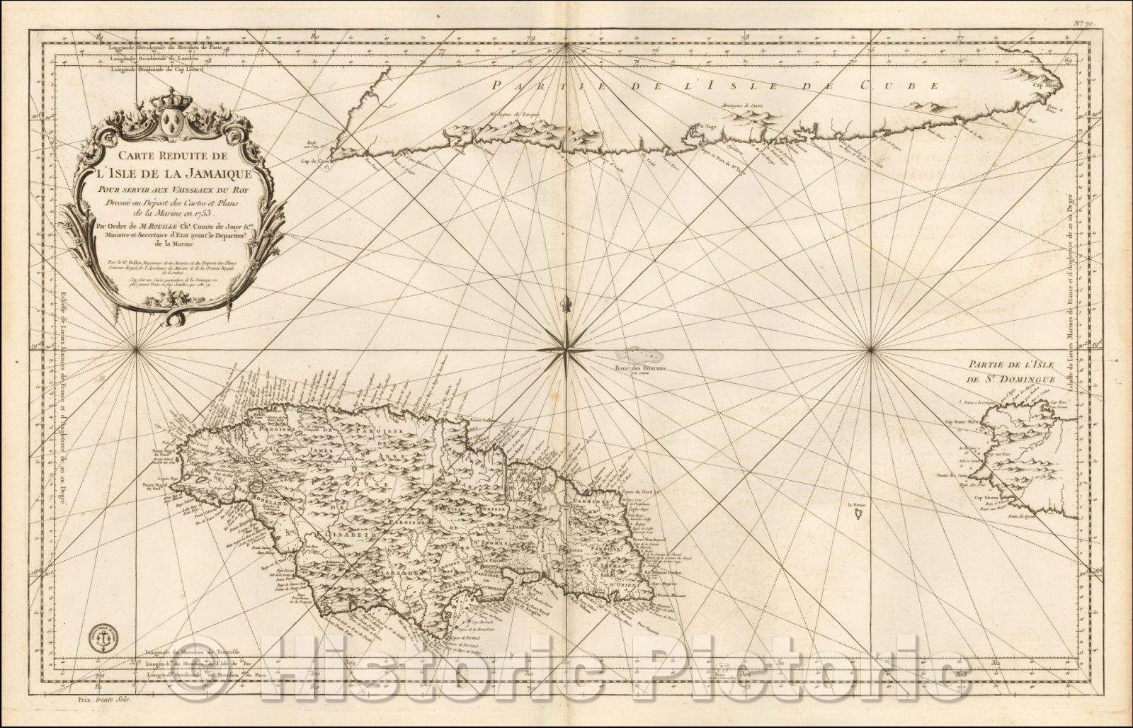 Historic Map - Carte Reduite De L'Isle De La Jamaique pour servir aux Vaisseaux Fra :: Sea Chart of the Region on Jamaica,southern Cuba and western Hispaniola, 1753 - Vintage Wall Art