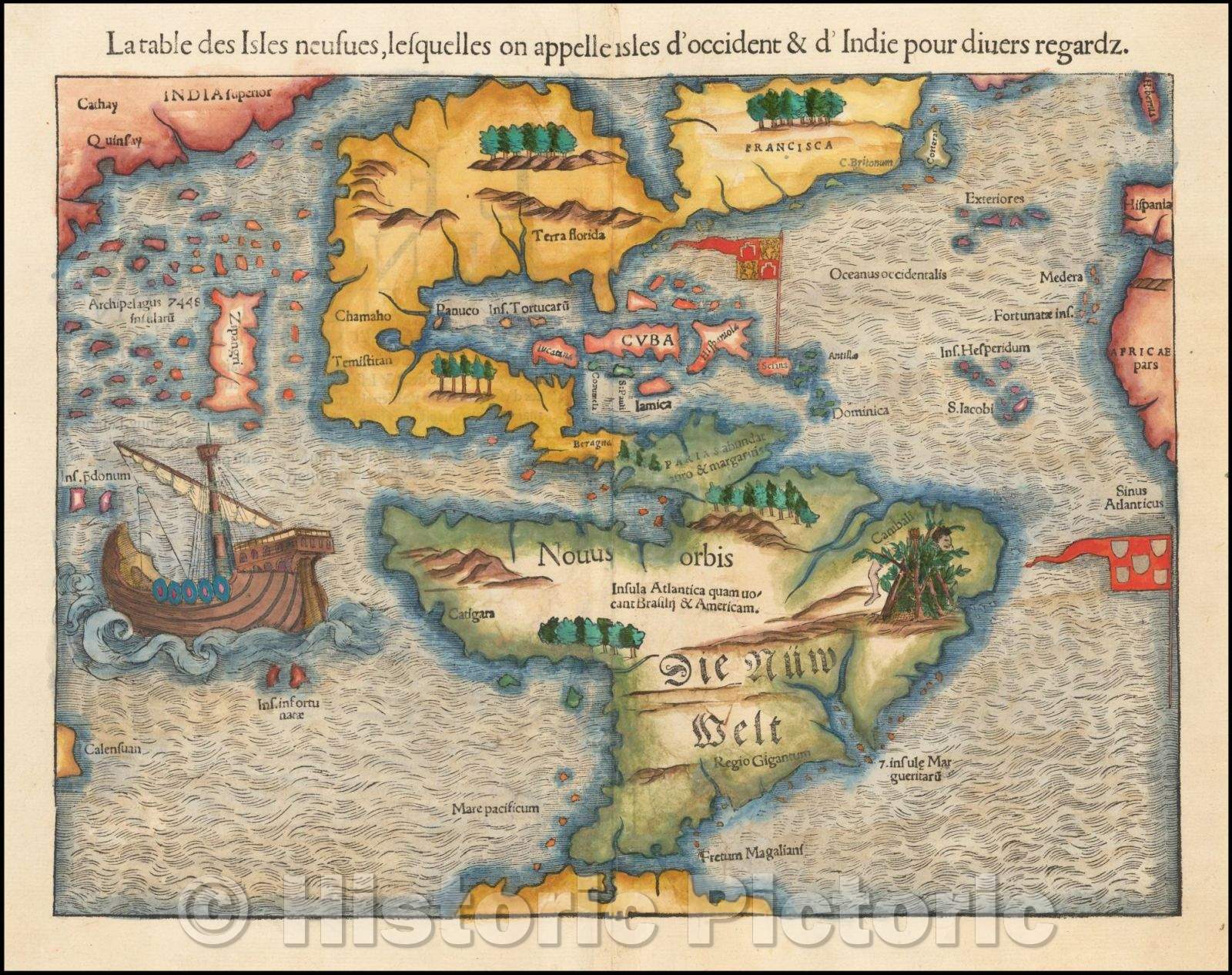 Historic Map - La Table des Isles neusues, lesquelles on appelle isles d'occident / 1552 edition of Munster's Map of America, North and South America, 1552 v2