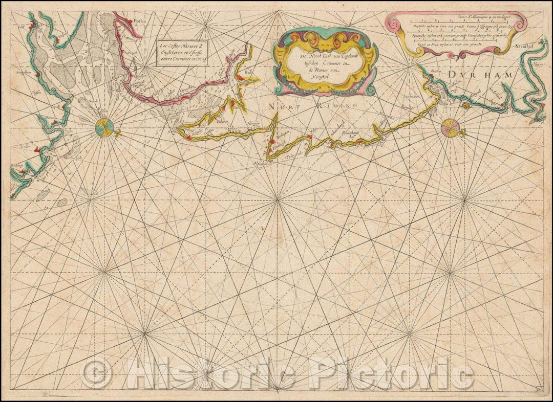 Historic Map - De Noort Cust van Engelandt tuschen Crammer en de Revier van Nicasteel/Dutch Sea Chart of the Coast of England, Jacob Colom, circa 1639, 1639 - Vintage Wall Art