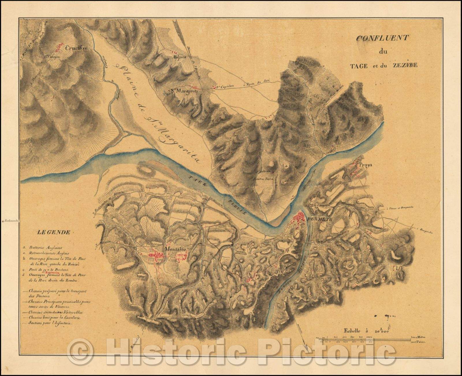 Historic Map - Confluent du Tage et du Zezere :: Meticulous French Battle showing the French and English positions in and around the Tagus and Zezere River, 1811 - Vintage Wall Art