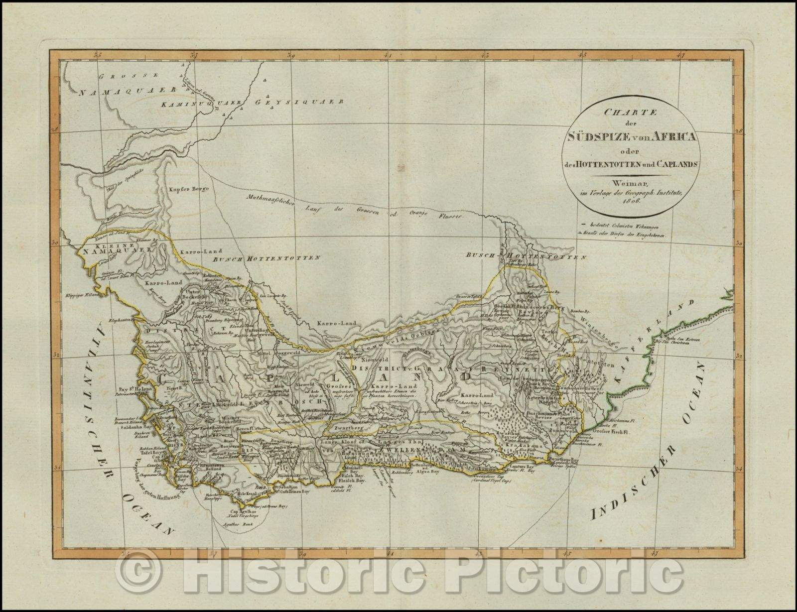 Historic Map - Charte der Sudspize von Africa oder des Hottentotten und CaPlands/Map of South Africa, published in Weimar in 1806, 1806 - Vintage Wall Art