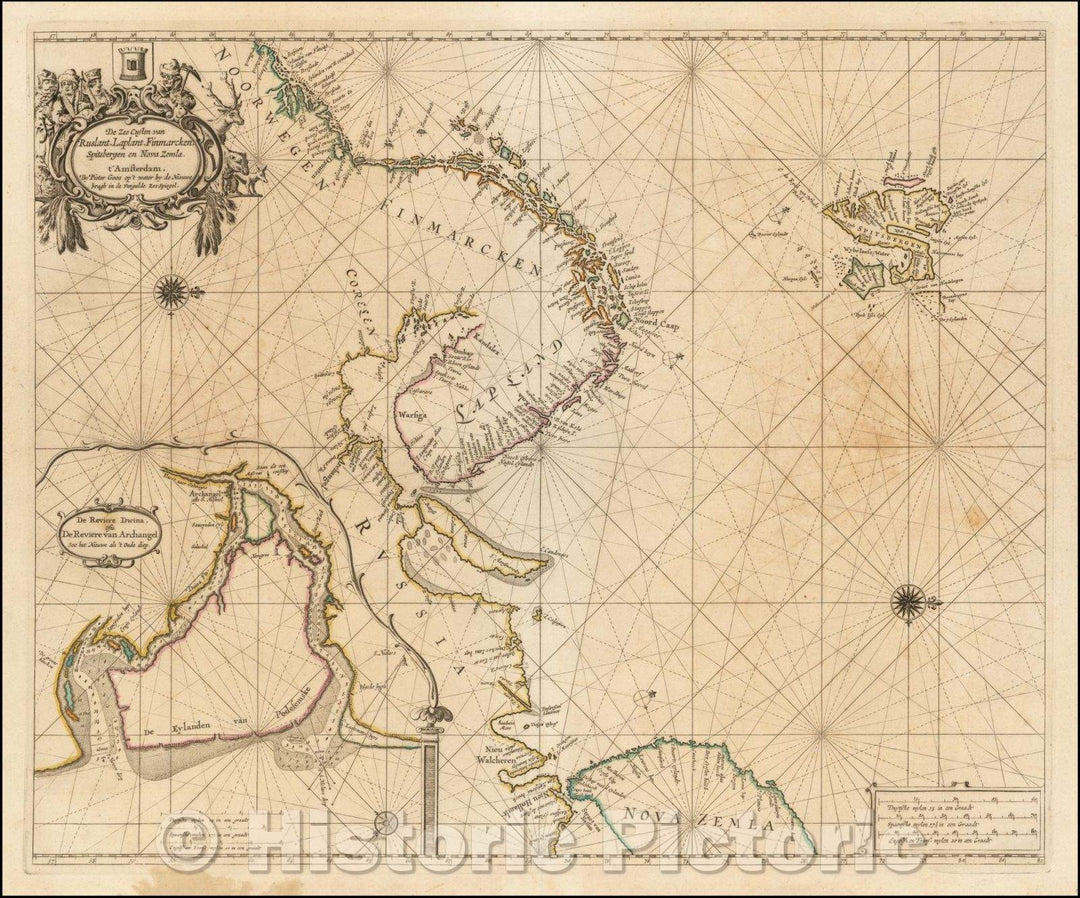 Historic Map - De Zee Custen van Ruslant, LaPlant, Finmarcken, Spitsbergen en Nova Zemla/Sea Chart of the coasts of Russia, Finland, and Spitsbegen, 1665 - Vintage Wall Art