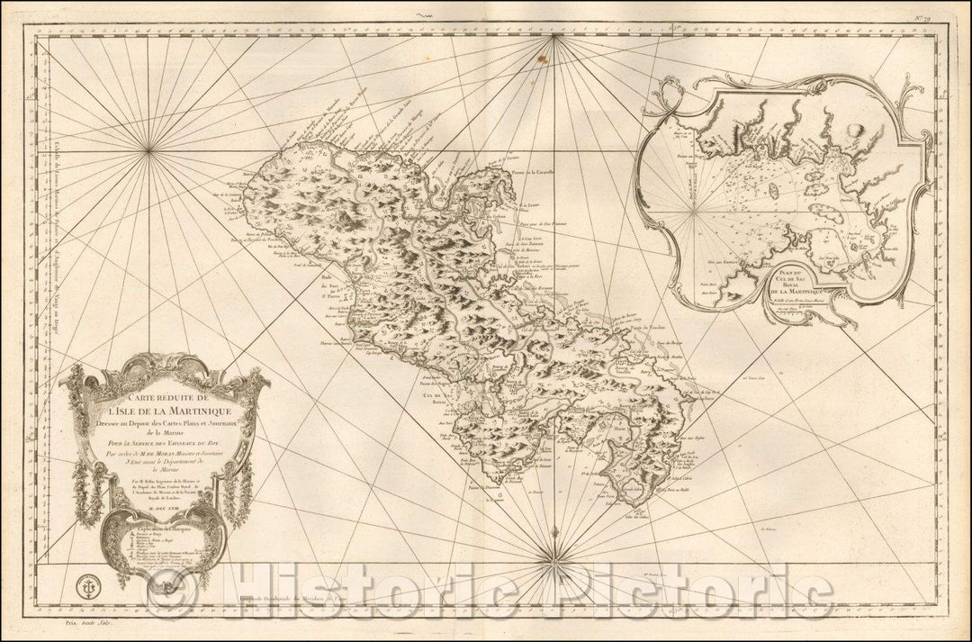 Historic Map - L'Isle De La Martinique Dressee au Depost des Cartes Plans et Journaux :: Sea Chart of the Region centered on Martinique, 1758 - Vintage Wall Art