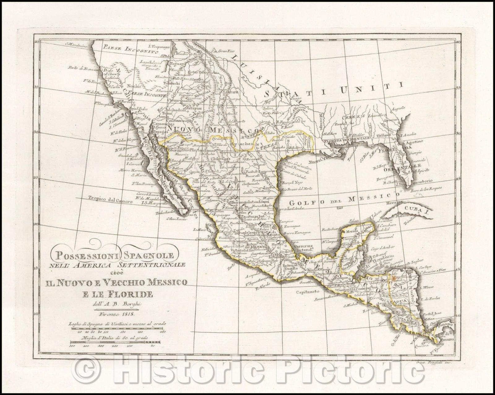 Historic Map - Possessioni Spagnole Nell' America Settentrional :: Florence published of Mexico, Texas and Upper California, Central America and Gulf Coast, 1818 - Vintage Wall Art