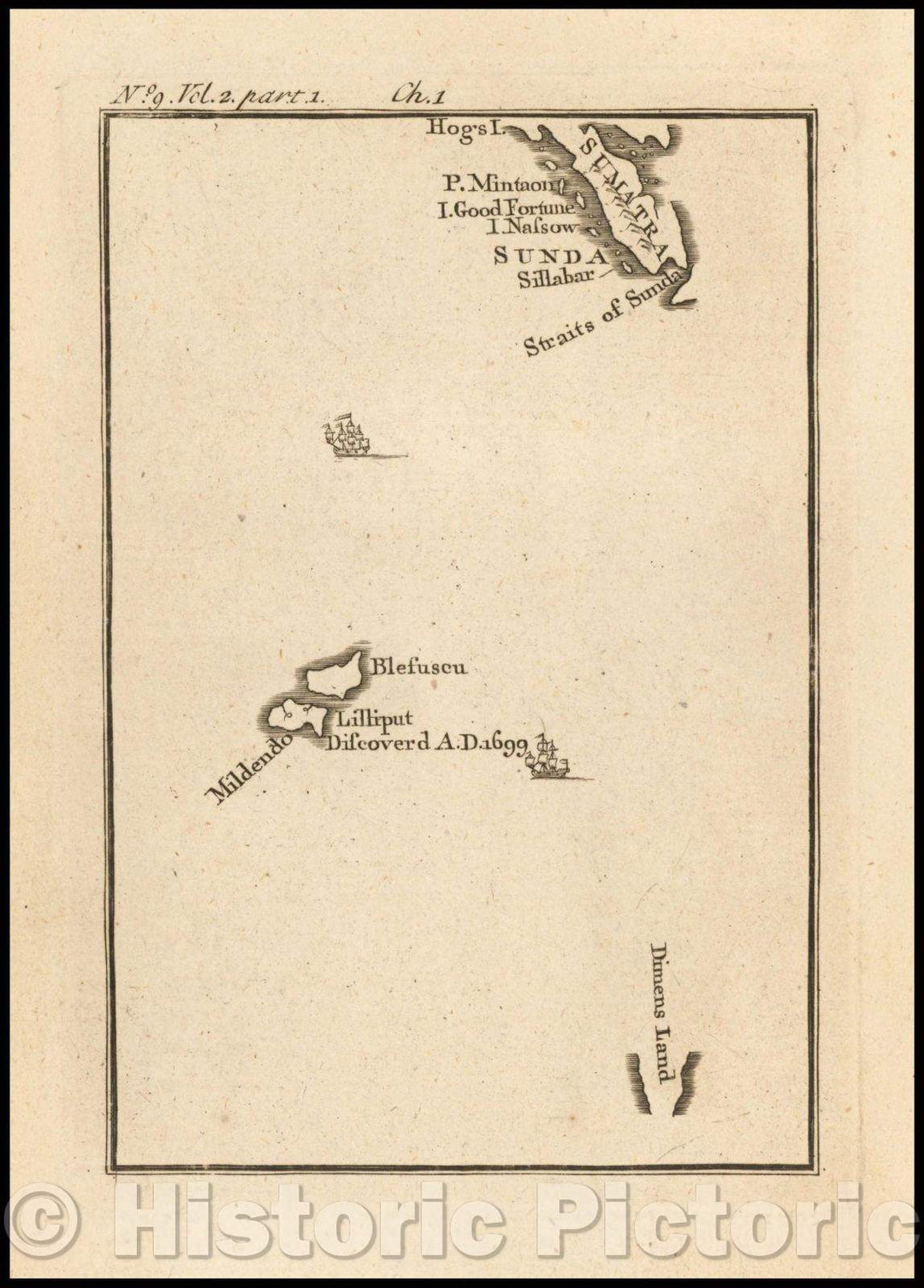 Historic Map - Sunda and Lilliput, etc. from Gulliver's Travels, 1726, Jonathan Swift - Vintage Wall Art