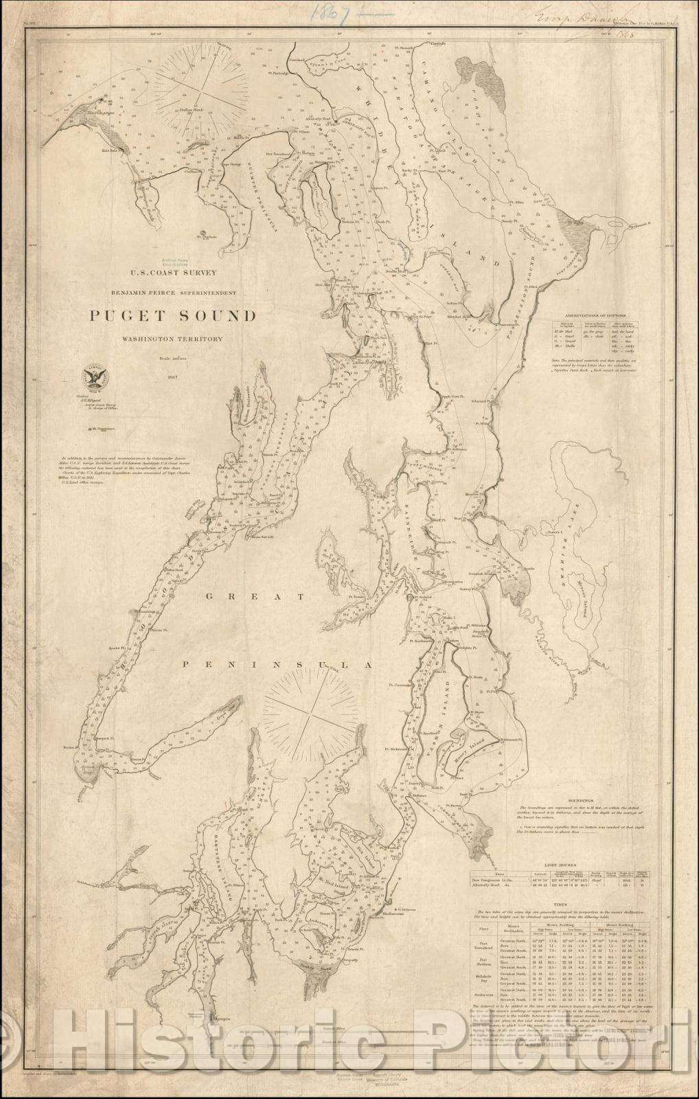 Historic Map - Puget Sound Washington Territory George Davidson, 1867, United States Coast Survey - Vintage Wall Art