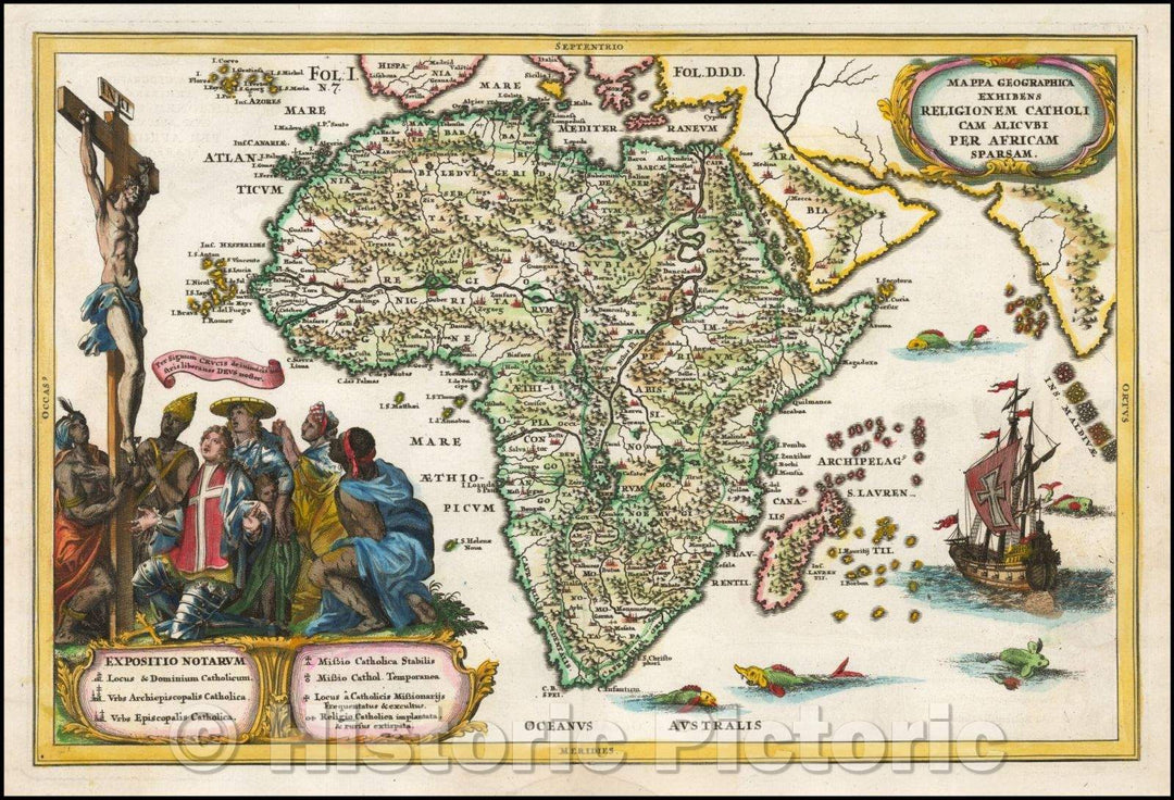 Historic Map - Mappa Geographica Exhibens Religionem Catholicam Alicubi Per Africam Sparsam/Map of Africa, published by Heinrich Scherer, 1710 - Vintage Wall Art