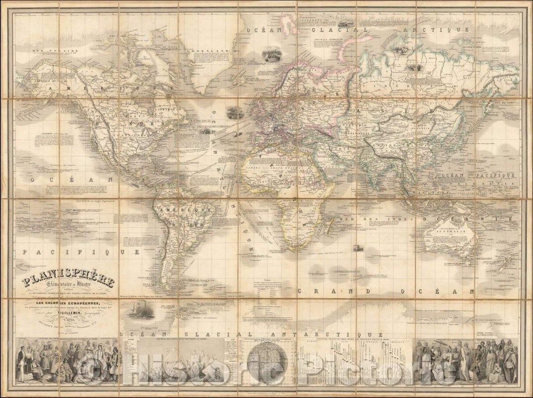 Historic Map - Planisphere Elementaire et Illustre Iniquant La Description Geographique Des Parties Connues De La Terre. Les decouvertes maritimes et continentales, 1856 v3