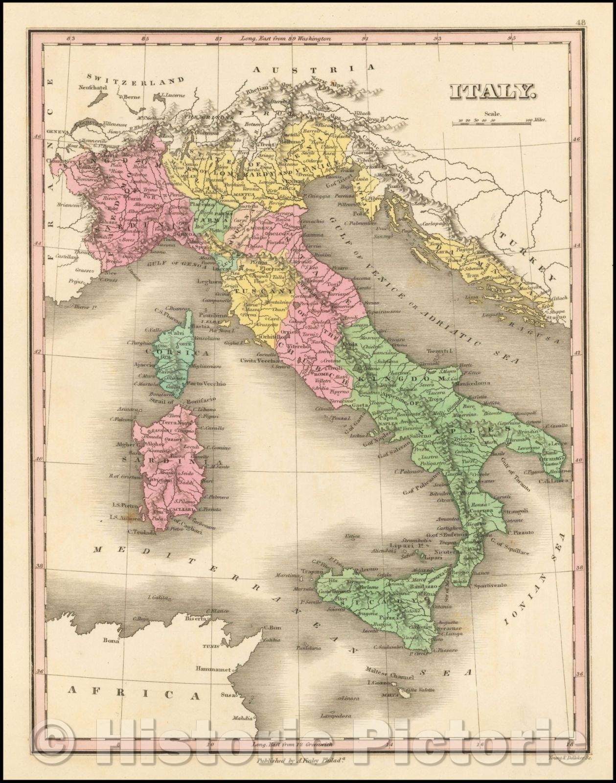 Historic Map - Italy [shows Corsica, Sardinia, Sicily and Malta], 1827, Anthony Finley - Vintage Wall Art