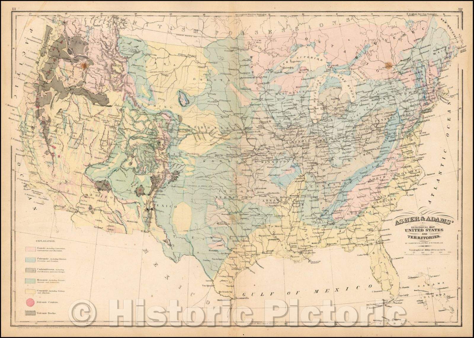 Historic Map - Asher & Adams' Geological Map United States and its Territories, 1872, Asher - Vintage Wall Art