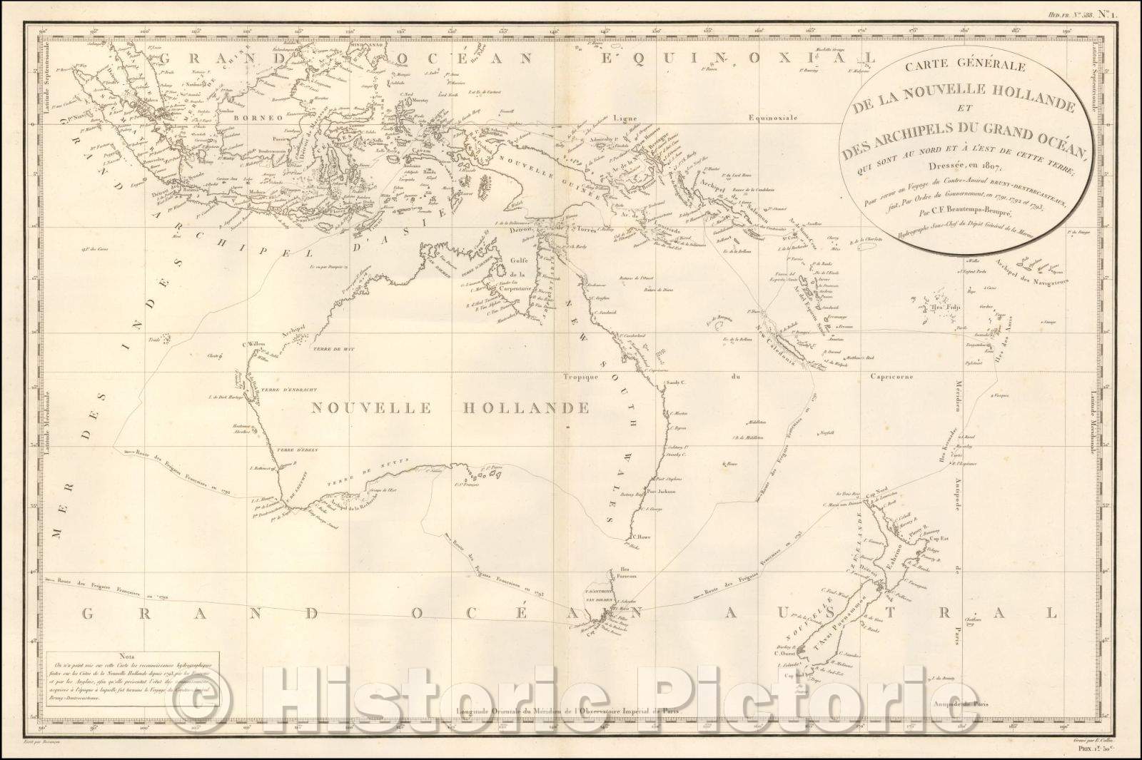 Historic Map - Carte Generale de la Nouvelle Hollande et des Archipels :: Sea Chart of Australia, New Zealand, Borneo, Mindanao and the Straits of Malacca, 1807 - Vintage Wall Art