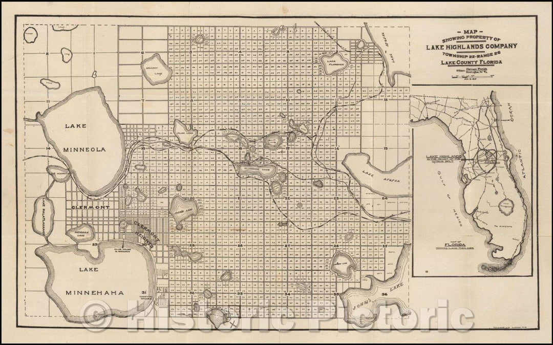 Historic Map - Map Showing Property of Lake Highlands Company. Township 22- Range 26 Lake County Florida, 1915, A. P. Gibson - Vintage Wall Art