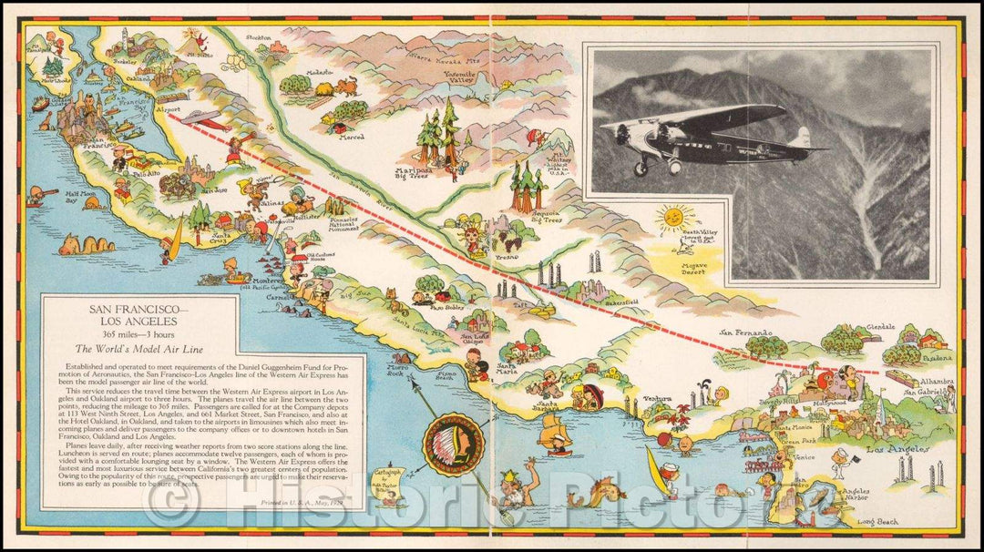 Historic Map - Western Air Express, San Francisco - Los Angeles, 1929, Ruth Taylor White - Vintage Wall Art