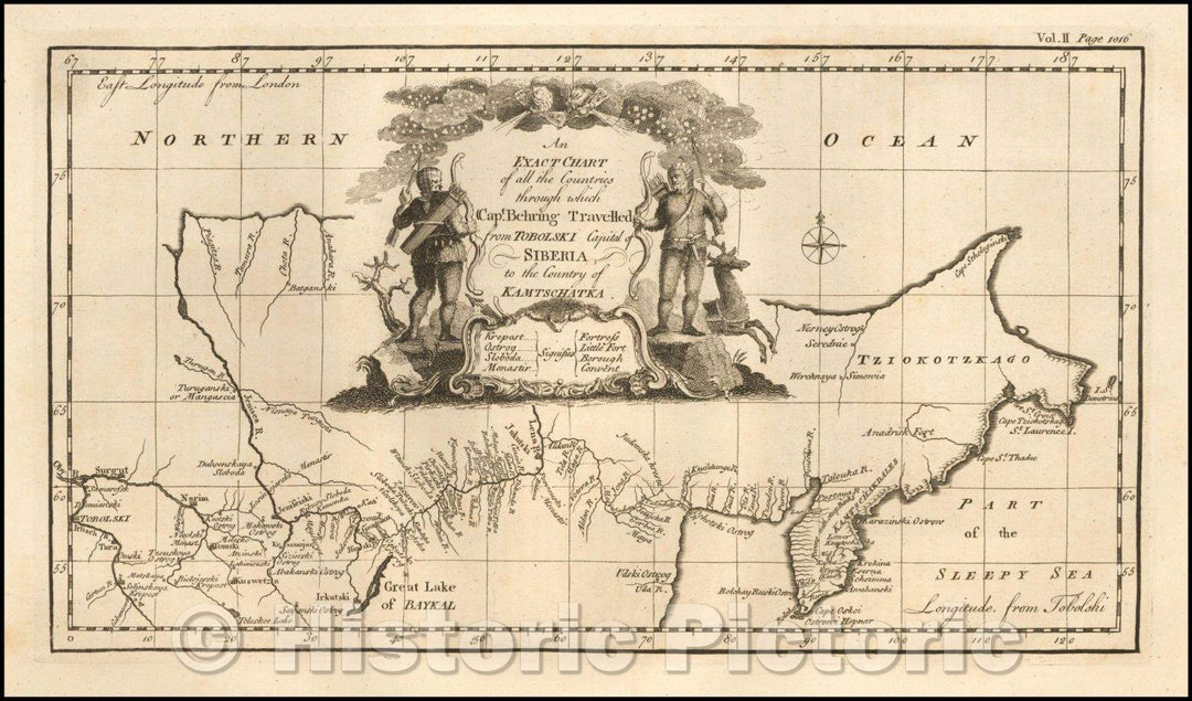 Historic Map - An Exact Chart of all the Countries through which Capt. Behring Travelled from Tobolski, Capital of Siberia to the Country of Kamtschatka, 1744 - Vintage Wall Art