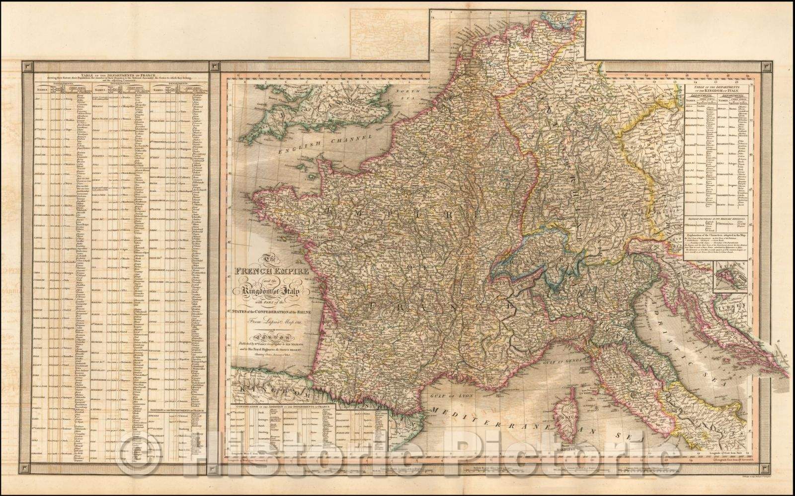 Historic Map - The French Empire and the Kingdom of Italy with Part of the States of the Confederation of the Rhine From Lapie's Map, 1813, William Faden v1