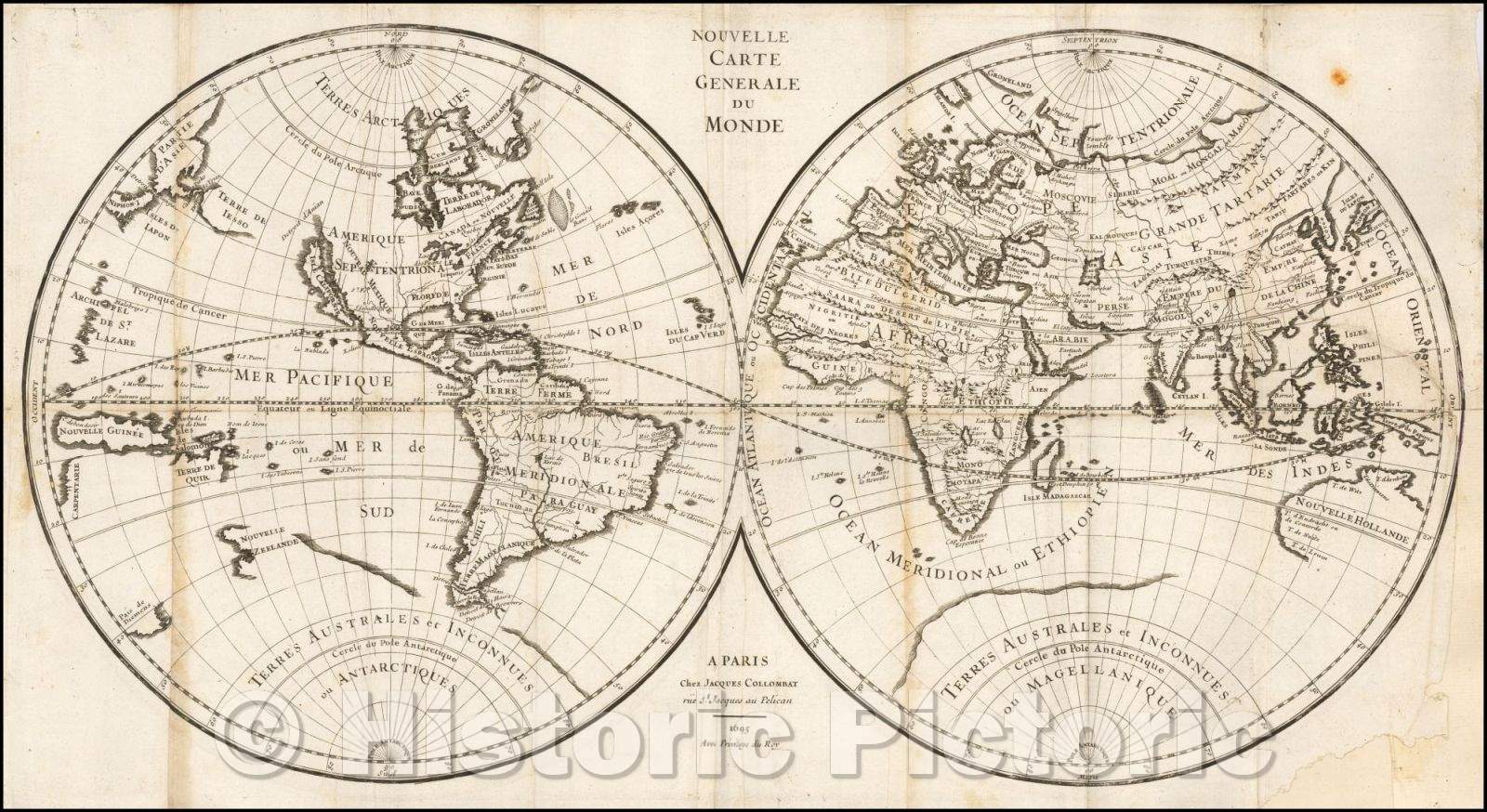 Historic Map - Nouvelle Carte Generale du Monde/French Map of the World by Jacques Collombat, published in Paris in 1695, 1695, Jacques Collombat - Vintage Wall Art