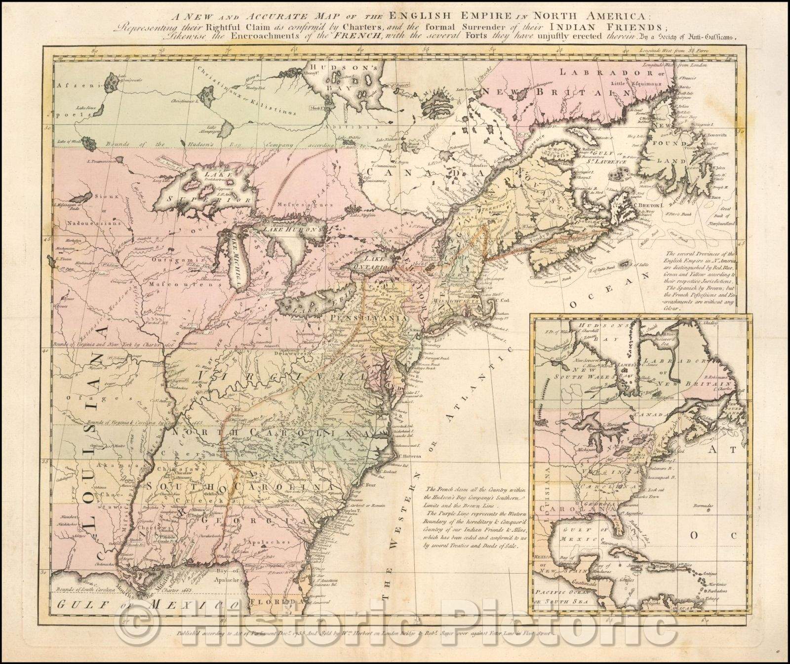 Historic Map - A New and Accurate Map of the English Empire in North America: Representing their Rightful Claim as confirm'd, 1755, Society of Anti-Gallicans - Vintage Wall Art