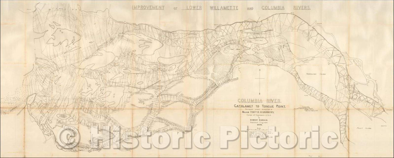 Historic Map - Columbia River. Cathlamet To Tongue Point. Surveyed under direction of Major Thos. H. Handbury, Corps of Engineers. U.S.A, 1891 - Vintage Wall Art