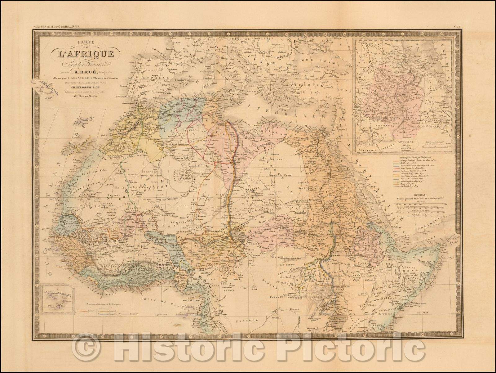 Historic Map - Carte de L'Afrique Septentrionale Dressee par A. Brue/Map of the Northern part of Africa, colored by Colonies, 1875, Adrien-Hubert Bru?- Vintage Wall Art