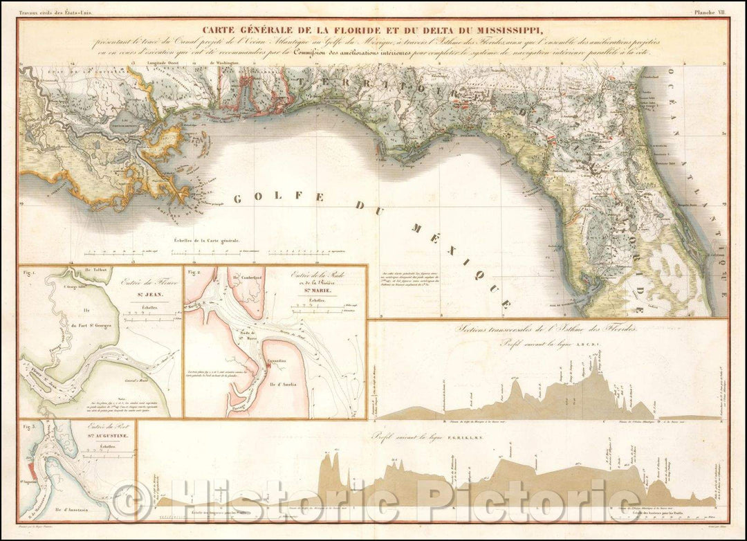 Historic Map - Carte Generale de la Floride et du Delta du Mississippi, presentant le trace du Canal projete de l'Ocean Atlantique ou Golfe du Mexique, 1834 v2