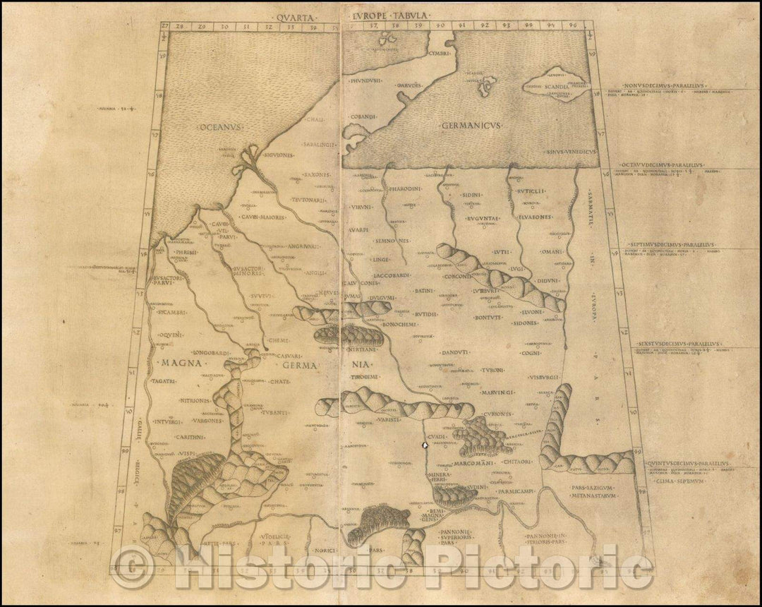 Historic Map - Germany, Poland, Low Countries, Austria/Quarta Europe Tabula, 1478, Claudius Ptolemy - Vintage Wall Art