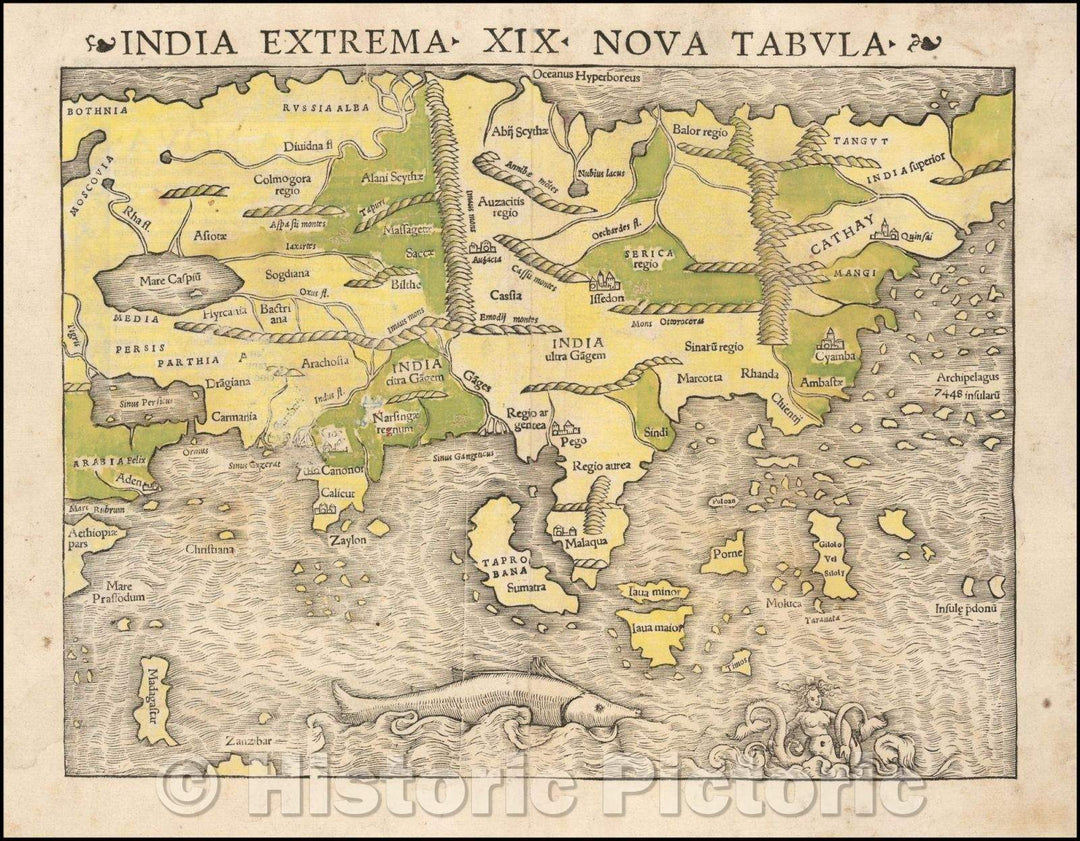 Historic Map - India Extrema XIX Nova Tabula (1st Printed Map of Asia - Old Color!), 1540, Sebastian M?nster v2